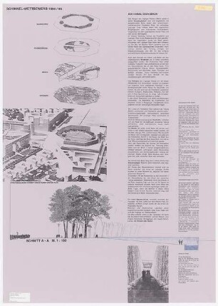Leipziger Platz, Berlin-Mitte Schinkelwettbewerb 1995: Schematische Explosionspläne, Modellfoto, Schnitt 1:100, Text