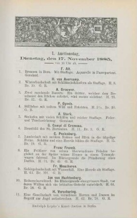 I. Auctionstag, Dienstag, den 17. November 1885