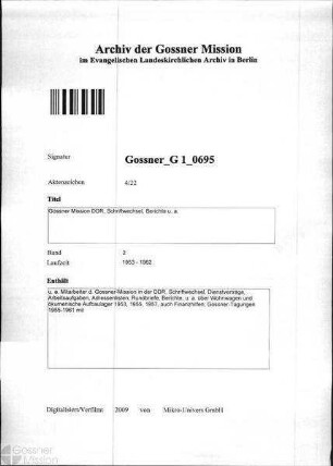 Gossner Mission DDR, Schriftwechsel, Berichte u. a.