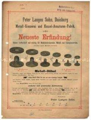 Neueste Erfindung! Metall-Dübel / Selbstthätiger Fett-Schmier-Apparat