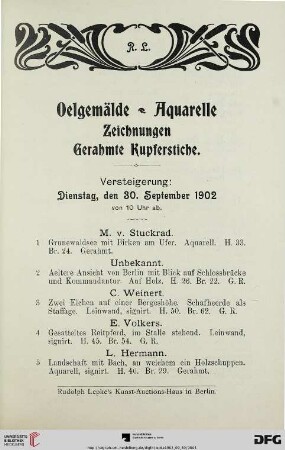 Oelgemälde-Aquarelle Zeichnungen Gerahmte Kupferstiche (Nr. 1-162)