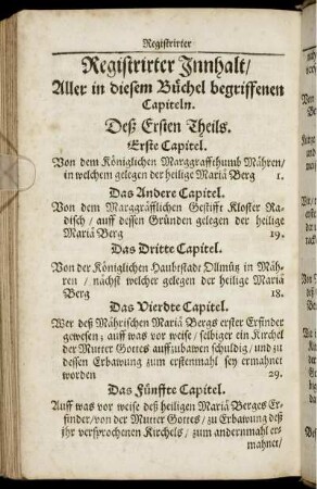 Registrirter Innhalt/ Alle in diesem Büchel begriffenen Capiteln.