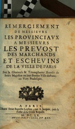 Remerciement de Messieurs les Provinciaux à Mess. les Prevoss des marchands