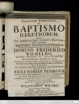 Disputatio Theologica, De Baptismo Hæreticorum