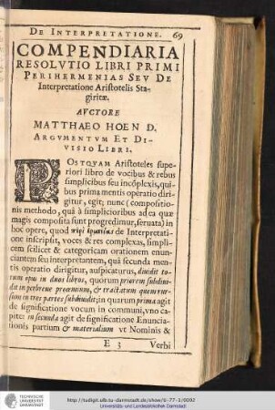 COMPENDIARIA RESOLVTIO LIBRI PRIMI PERIHERMENIAS SEV DE Interpretatione Aristotelis Stagiritae.
