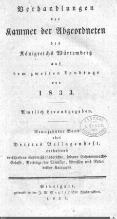1,27: Landtag Württemberg - Kammer 2, Beilagen 1833, 2. Landtag, Bd. 3