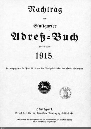 1915 - Nachtrag: Stuttgarter Adressbücher / Nachtrag, 1915