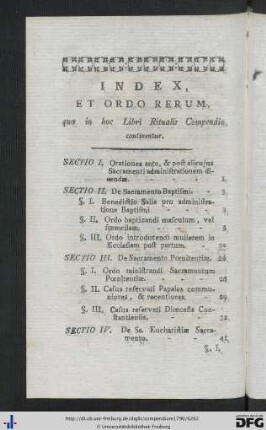 Index Et Ordo Rerum, quae in hoc Libri Ritualis Compendio continentur.