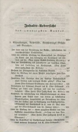 Inhalts-Uebersicht des zwanzigsten Bandes