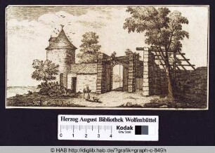 Eine Frau mit Körben beladen, gefolgt von einem Hund, vor einem Toreingang mit einer Zugbrücke