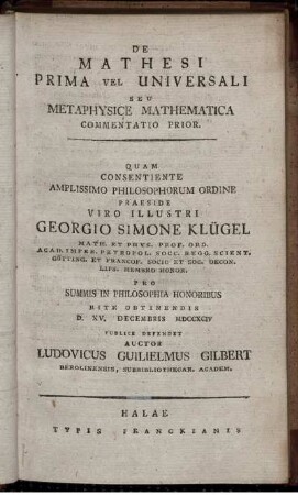 De Mathesi Prima Vel Universali Seu Metaphysice Mathematica Commentatio Prior