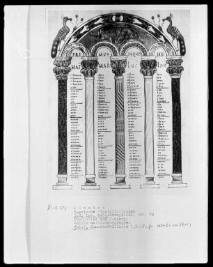 Evangeliar Heinrichs 2. — Kanontafel mit zwei Pfauen seitlich des Bogens, Folio 9recto