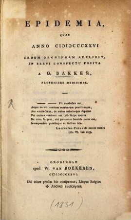 Epidemia quae anno 1826 urbem Groningam adflixit : in brevi conspectu posita