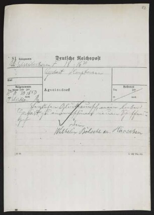 Brief von Wilhelm Bölsche und Johanna Bölsche an Gerhart Hauptmann
