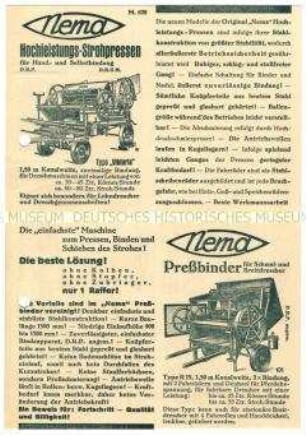 Werbekarte über Strohpressen, Pressbinder und Gebläse
