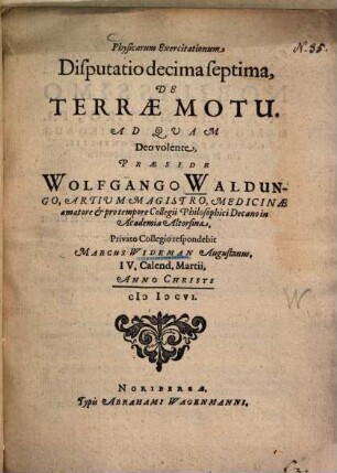 Physicarum Exercitationum, Disputatio decim septima, De Terrae Motu