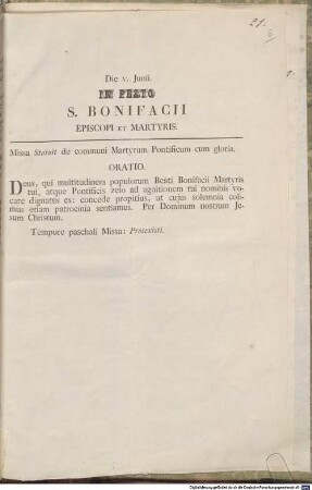 Die V. Junii. In Festo S. Bonifacii Episcopi Et Martyris