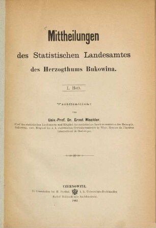 Mittheilungen des Statistischen Landesamtes des Herzogthums Bukowina, 1. 1892