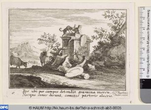Hirte mit seinem Hund bei der Ruine eines Denkmals