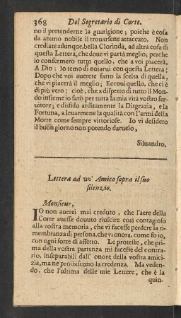Lettera ad un' Amico sopra il suo silenzio.