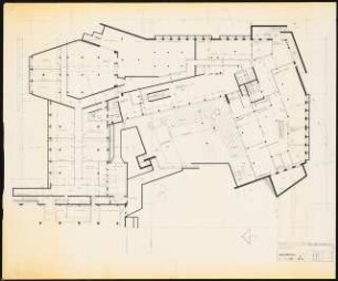 Technische Universität Berlin Architekturgebäude: Grundriss Kellergeschoss Hochhaus, Flachbau mit Tiefgarten 1:100 (Zeichnung des Architekten)