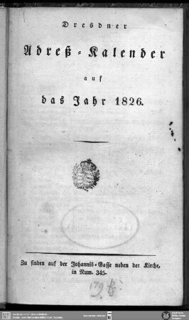 1826: Dresdner Adress-Kalender : auf d. Jahr ...