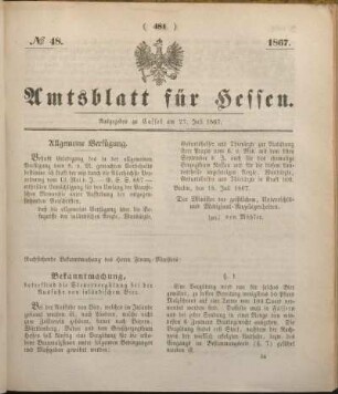 № 48. Ausgegeben zu Cassel am 27. Juli 1867.