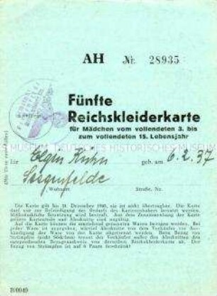 Bezugskarte für Bekleidung für das Jahr 1945