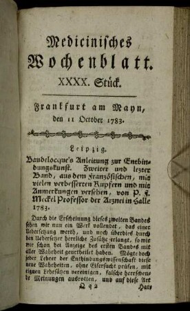 XXXX. Stück. Frankfurt am Mayn, den 11 October 1783. - XXXXII. Stück. Frankfurt am Mayn, den 25 October 1783.