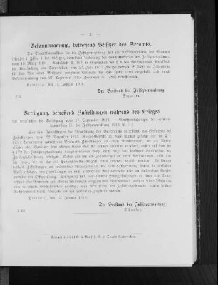 Verfügung, betreffend Zustellungen während des Krieges