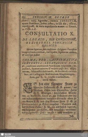 Consultatio X. De Legato, Sub Conditione, Religionis Pontificiae Relicto