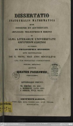 Dissertatio inauguralis mathematica : Tractantur curvae quarti gradus ex sententia principiorum, quae sunt proposita in Cremonae libro: Introduzione ad una teoria geometrica delle curve piane : Praemisso additamento ad theoriam generalem