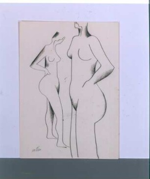 Zwei abstrahierte, stehende, weibliche Akte mit eingestützten Armen : Zwei abstrahierte, stehende, weibliche Akte mit eingestützten Armen. Kohlezeichnung; 36,8 x 26,8 cm