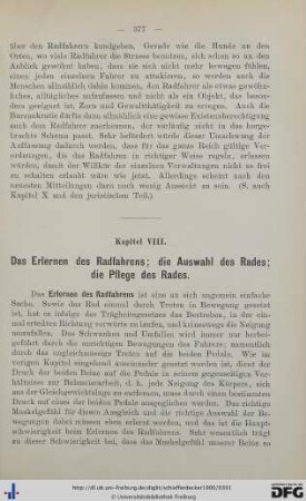VIII. Das Erlernen des Radfahrens. Die Auswahl des Rades, die Pflege des Rades.