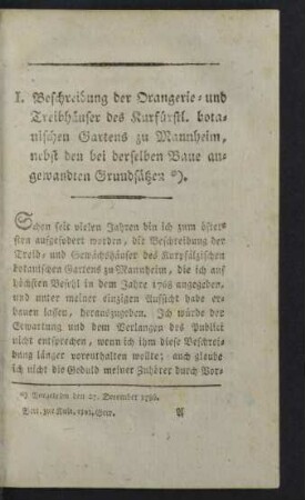 I. Beschreibung der Orangerie- und Treibhäuser des Kurfürstl. botanischen Gartens zu Mannheim