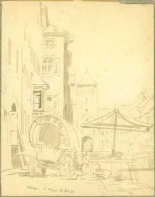 Villingen Marktplatz mit Verkaufsstand und Planwagen, im Hintergrund Riettor