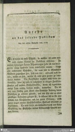 Anrede an das lesende Publikum bey der ersten Ausgabe von 1778
