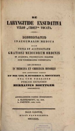 De laryngitide exsudativa vulgo "croup" vocata