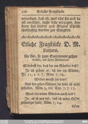 Etliche Fragstücke D. M. Luthers, für die, so zum Sacrament gehen wollen, mit ihren Antworten.