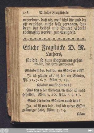 Etliche Fragstücke D. M. Luthers, für die, so zum Sacrament gehen wollen, mit ihren Antworten.