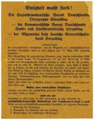 Aufruf der SPD, KPD und des FDGB im Landkreis Straubing zur Unterstützung der antifaschistisch-demokratischen Einheitsfront