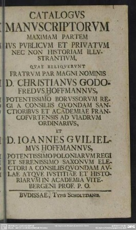Catalogus Manuscriptorum Maximam Partem Ius Publicum Et Privatum Nec Non Historiam Illustrantium, Quae Reliquerunt Fratrum