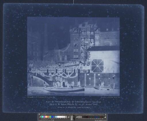 Abfahrt bei der Brooksbrücke, durch den Zollcanal : Feier der Schlusssteinlegung der Zollanschlussbauten Hamburgs durch S. M. Kaiser Wilhelm II., am 29. October 1888 : Aufgenommen, Hamburg, October 1888