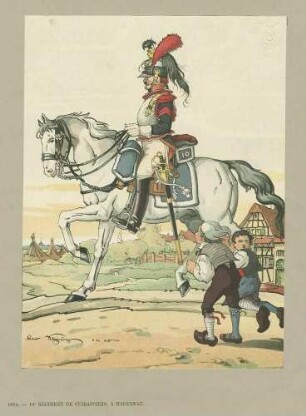 Offizier des 10. Kürassier-Regiments, Garnison Hagenau 1804, zu Pferd in Uniform mit Brustpanzer und Zierhelm vor Ortsansicht, davor zwei Kinder