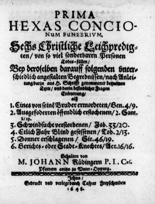 Prima Hexas Concionum Funebrivm