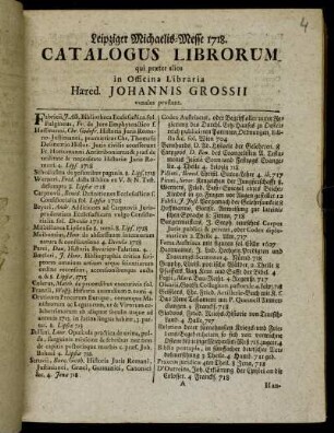 1718_2: Catalogus Librorum qui præter alios in Officina Libraria Hæred. Johannis Grossii venales prostant