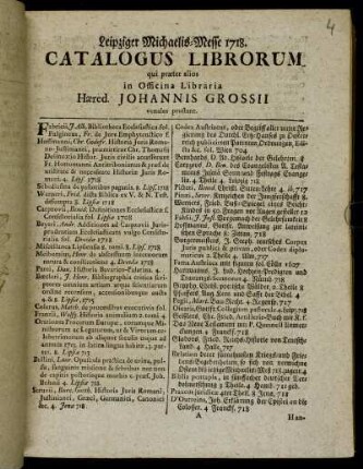 1718_2: Catalogus Librorum qui præter alios in Officina Libraria Hæred. Johannis Grossii venales prostant