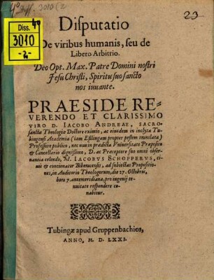 Disputatio De viribus humanis, seu de Libero Arbitrio