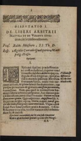 Disputatio I. De Liberi Arbitrii Natura Et De Viribus Eiusdem circa civiles actiones
