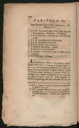 Capitolo VI. Degl' Instituti Scientifici, Lettarij, e d' Educazione